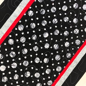 Modern Table Runner, Handmade Table Decor, Quilted Table Runner, Black and Gray Abstract Print, Red Accent, Contemporary Table Decor,