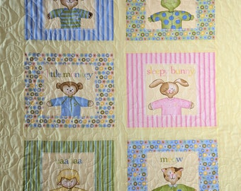 BABY ANIMAL QUILT, Handmade, Quilted, Unique, Pieced