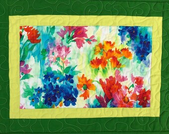 QUILTED PLACEMAT SET of 4, Quilted Placemats, Handmade Placemats, Spring Table Decor, Contemporary Placemats,  Water Color Flowers