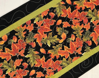 Modern Table  Runner, Handmade Table Decor, Quilted Table Runner, Fall Decor,  Fall Leaves, Gold, Orange, Green, Contemporary Table Decor,
