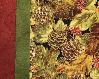 Pinecone Table  Runner, Handmade Table Decor, Quilted Table Runner, Gold, Rust, Brown, Fall Leaves, Contemporary Table Decor