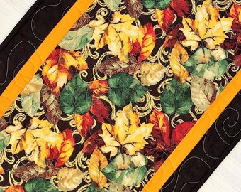 Elegant Table  Runner, Handmade Table Decor, Contemporary Quilted Table Runner, Fall Decor,  Fall Leaves, Gold, Orange, Green, Gold Metallic
