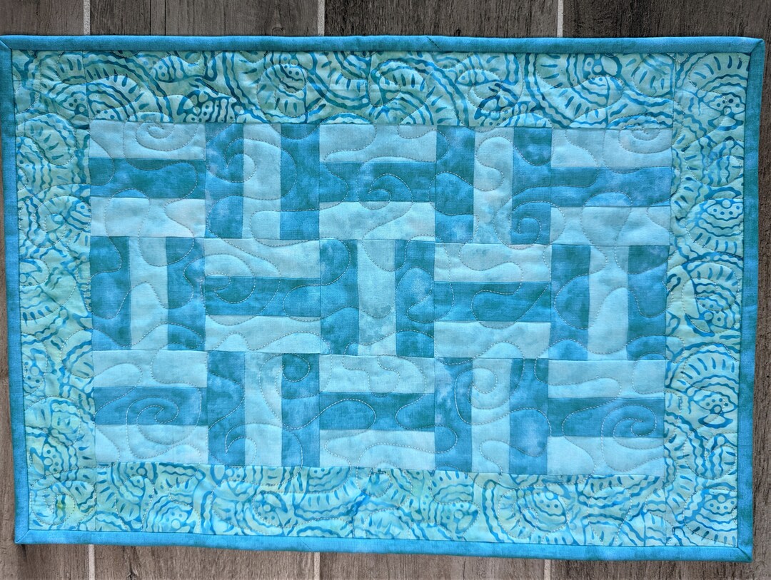 QUILTED PLACEMAT SET of 4, Two Tone Teal Quilted Placemats, Handmade