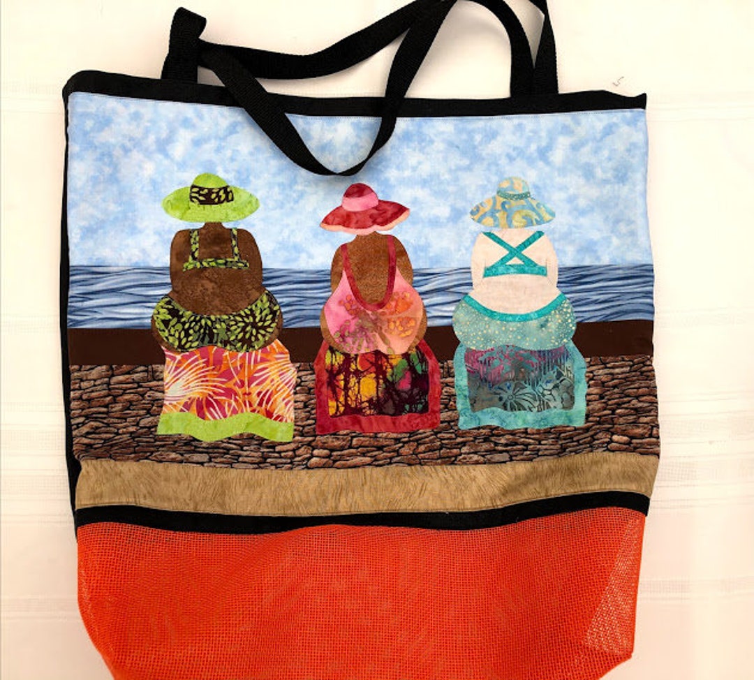 Large Tote Extra Roomy Appliqued Beach Scene Black Canvas 