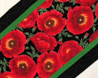 Table Runner, Handmade Table Runner, Quilted Table Runner, Red Poppies, Contemporary Table Runner, Table Decor. Red and Green