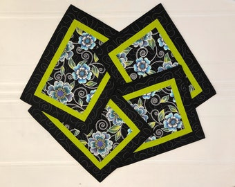 QUILTED PLACEMAT SET of 4, Lime Green and Aqua Flowers, Contemporary Placemats, Handmade Placemats, Pieced Placemats