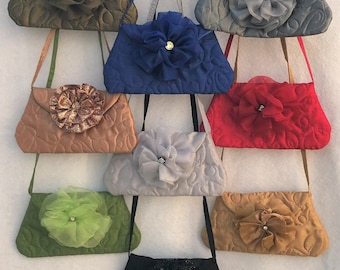 SALE:  Elegant Evening Bag, Quilted Bag, Cross Body Bag, Elegant Accessory, Nine Color Choices, Large Flower Trim