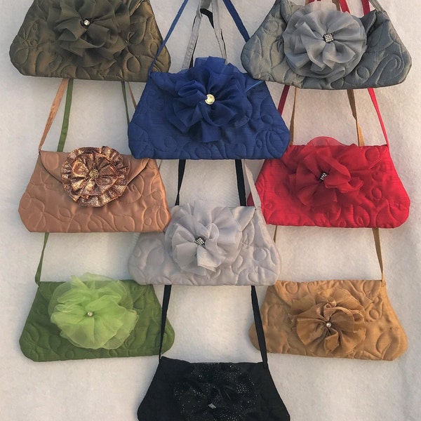 SALE:  Elegant Evening Bag, Quilted Bag, Cross Body Bag, Elegant Accessory, Nine Color Choices, Large Flower Trim