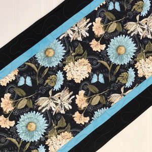 Table Runner, Handmade Table Runner, Quilted Table Runner, Blue Flowers, Contemporary Table Runner, Table Decor