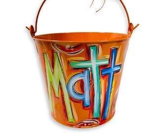 Painted Orange Easter Bucket, Orange Personalized Bucket, Personalized Metal Pail