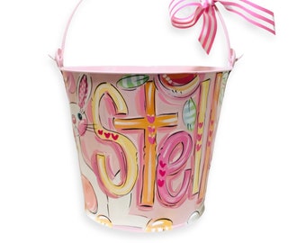 Pink Easter Pail for Girls, Custom Bunny Easter Bucket for Girls, Pink Metal Pail