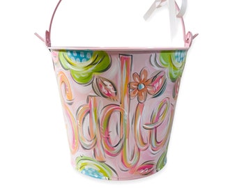 Soft Pink Painted Easter Pail, Painted Floral Easter Bucket, Personalized Bucket