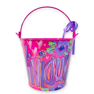 Personalized Hand Painted, Hot Pink Bucket, Painted Floral Bucket