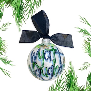 Peronalized, Hand Painted glass ball Ornament, Navy and green holiday Ornament