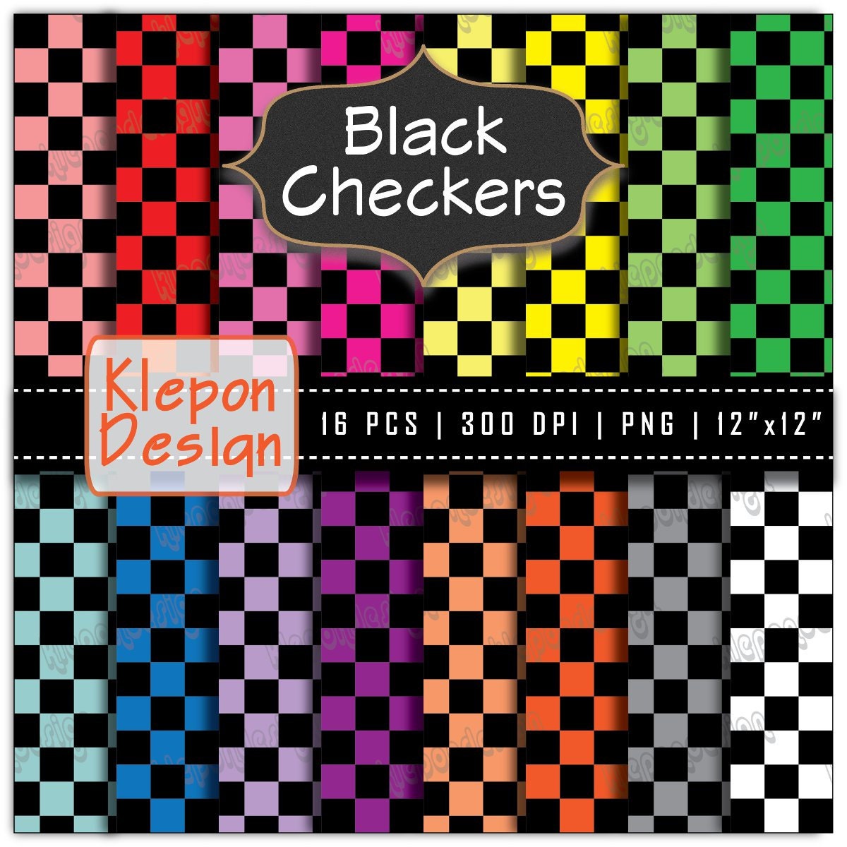 16 Black Checkers Digital Paper Pack in Bright Colors INSTANT Etsy