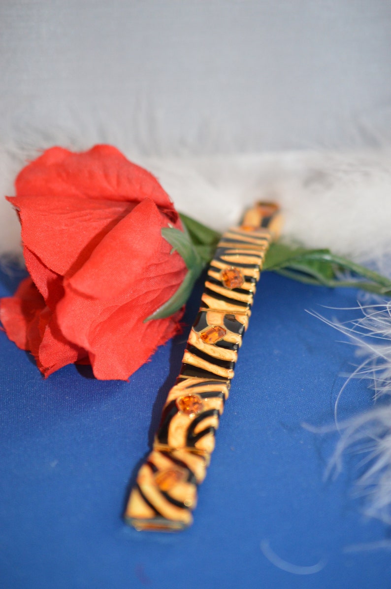 Vintage Kenneth Jay Lane Tiger Stripe Bangle Bracelet With AMBER CRYSTALS Signed KJL Rare Show Stopper