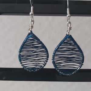 Silver and blue teardrop wire wrapped earrings