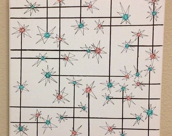 May include: Abstract painting on canvas with a grid pattern and pink and blue stars.