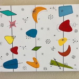 May include: Abstract mid-century modern art painting with a white background and colorful shapes, including red, yellow, blue, green, and orange. The shapes are arranged in a pattern and are connected by black lines. The painting is reminiscent of the style of Alexander Calder.