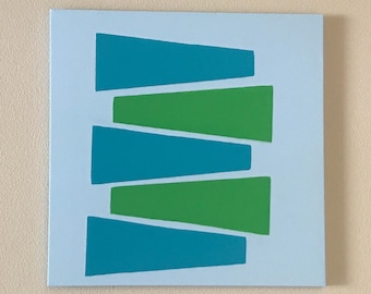 May include: Abstract art print featuring five geometric shapes in shades of teal and green on a light blue background.