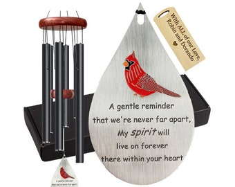 Cardinal Memorial Deep Tone Silver Teardrop Black Wind Chime "My Spirit Lives On" Sympathy Gift After Loss by Weathered Raindrop