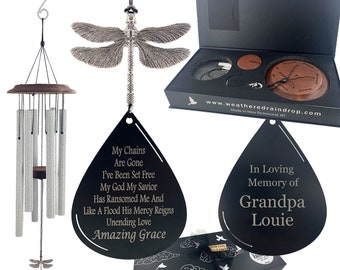 Amazing Grace Personalized Memorial Wind Chime Metal Teardrop Silver Dragonfly Large 34 inch Sympathy Custom Garden Gifts