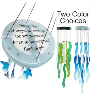 Sea Glass Blue or Green Waves Memorial Wind Chime Sun Catcher &quot;Listen to the Wind&quot; Sympathy Gift In Memory of a Loved One