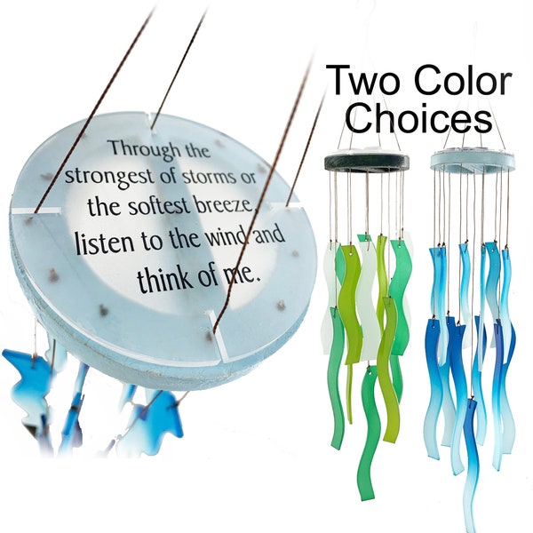 Sea Glass Blue or Green Waves Memorial Wind Chime Sun Catcher "Listen to the Wind" Sympathy Gift In Memory of a Loved One