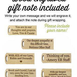 May include: Six wooden engraved tags with different messages of sympathy and love. The tags are all rectangular with rounded corners and have a hole at the top for hanging. The text on the tags is in a simple font and is easy to read.  The tags are a great way to express your condolences to someone who is grieving.