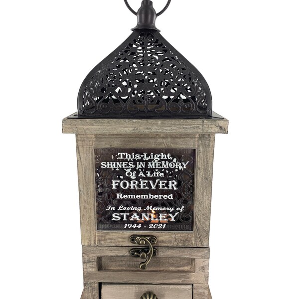 Memorial Industrial Candle Lantern with Keepsake Box in Memory of a Loved One by Weathered Raindrop