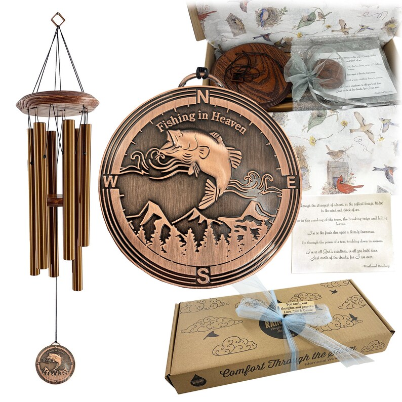 Memorial Wind Chime Fishing in Heaven Bass Outdoorsman Gift in Sympathy