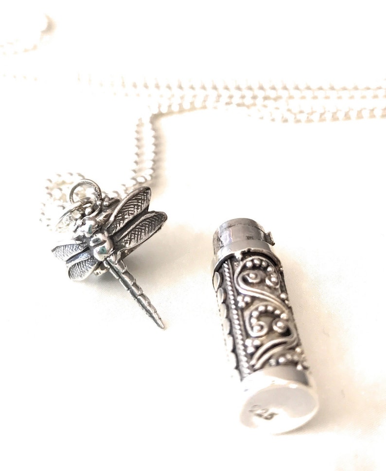 May include: A silver necklace with a dragonfly pendant and a small, cylindrical charm with an ornate design.