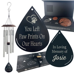Pet Memorial "Paw Prints On Our Hearts" Large 34 inch Silver Wind Chime Loss of Dog or Cat Remembering Animal Sympathy Gift