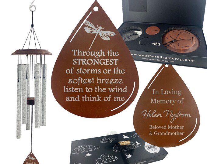 Personalized Dragonfly Memorial Teardrop Wind Chime Gift Set in Sympathy Sorry for Your Loss