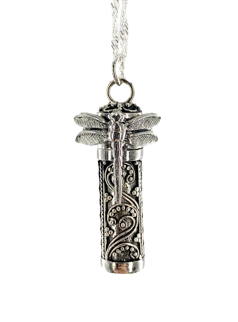 May include: Silver necklace with a dragonfly pendant. The pendant is a small cylinder with an intricate design and a dragonfly on top. The chain is a silver curb chain.