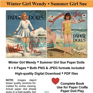 Winter Girl Wendy & Summer Girl Sue_Paper Dolls_Vintage Paper Dolls _ Bonus Guide _ Digital Download _ PDF_Paper Crafts +  Toys_Ephemera