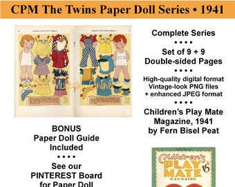 Paper Dolls _ Children's Play Mate Magazine Twins_ Complete Set 1941 _ Fern Bisel Peat _ PNG & JPEG _ Bonus Covers _Digital Download _ PDF