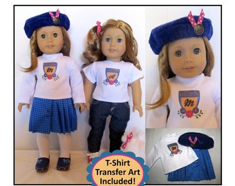 Patrón de ropa para muñeca de 45 cm_Conjunto y accesorios "Pretty in Plaid" + Transferencias para camiseta de regalo - Se puede personalizar_Descarga digital_Patrón en PDF