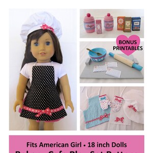 May include: A doll wearing a black and white polka dot apron with a pink bow, a white chef's hat, and a pink bow. The doll is holding a rolling pin. The image also includes a set of printable accessories for a bakery play set.
