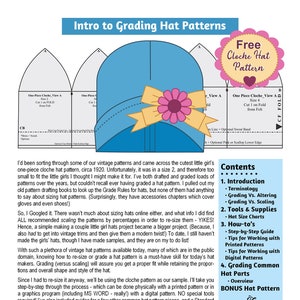 May include: A guide to grading hat patterns, featuring a free cloche hat pattern. The guide includes instructions on how to grade hat patterns, tools and supplies needed, and a step-by-step guide for working with printed and digital patterns. The guide also includes a bonus hat pattern.