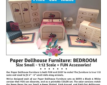 May include: A printable paper dollhouse furniture set for a bedroom, featuring a bed, dresser, nightstand, and rug. The furniture is designed to fit 4-6 inch dolls and toy animals. The set includes a black and white version and a color version. The furniture is easy to make from card stock and only requires scissors and glue. The set also includes accessories for even more dollhouse fun. Print, Cut, Make. Tate Museum Online. TateMuseumOnline.etsy.com.