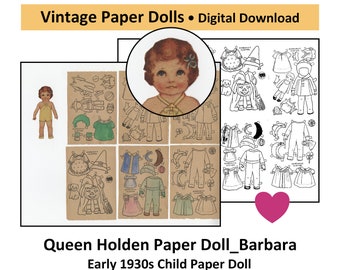 Vintage Paper Dolls_Queen Holden 1930s Child Paper Doll_BARBARA + Outfits & Toys_DIGITAL DOWNLOAD_Vintage Clip Art_TOY_Digital Download_PDF