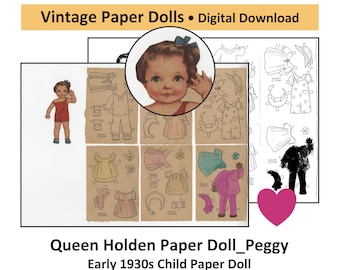 Vintage Paper Dolls_Queen Holden 1930s Child Paper Doll_PEGGY + Outfits & Toys_DIGITAL DOWNLOAD_Vintage Clip Art_TOY_Digital Download_PDF