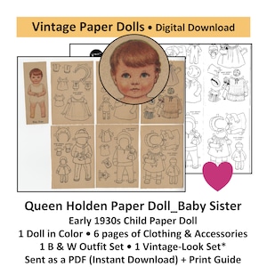 Vintage Paper Dolls_Queen Holden 1930s Paper Doll_BABY SISTER + Outfits & Toys_DIGITAL DOWNLOAD_Vintage Clip Art_TOY_Digital Download_PDF