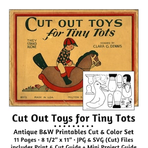 Op de afbeelding: Vintage zwart-witte illustratie van een uitknipspeelgoedset voor kinderen. De afbeelding toont een schommelpaard, een eend en een poppenpop. De titel "Cut Out Toys for Tiny Tots" staat op de omslag gedrukt. De tekst "Antique B&W Printables Cut & Color Set" staat onder de afbeelding gedrukt. De tekst "11 Pages - 8 1/2" x 11" - JPG & SVG (Cut) Files" staat onder de tekst gedrukt. De tekst "includes Print & Cut Guide + Mini Project Guide" staat onder de tekst gedruckt. De tekst "SAM & Co." staat onder de tekst gedrukt.