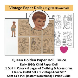 Vintage Paper Dolls_Queen Holden 1930s Child Paper Doll_BRUCE + Outfits & Toys_DIGITAL DOWNLOAD_Vintage Clip Art_TOY_Digital Download_PDF