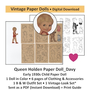 Vintage Paper Dolls_Queen Holden 1930s Child Paper Doll_DAVY + Outfits & Toys_DIGITAL DOWNLOAD_Vintage Clip Art_TOY_Digital Download_PDF