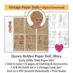 Vintage Paper Dolls_Queen Holden 1930s Child Paper Doll_MARY + Outfits & Toys_DIGITAL DOWNLOAD_Vintage Clip Art_TOY_Digital Download_PDF