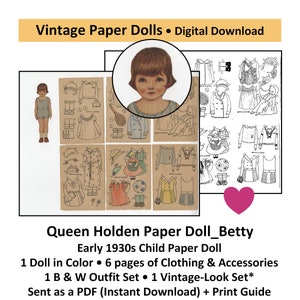 Vintage Paper Dolls_Queen Holden 1930s Child Paper Doll_BETTY + Outfits & Toys_DIGITAL DOWNLOAD_Vintage Clip Art_TOY_Digital Download_PDF