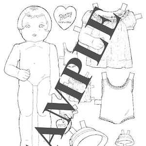 Può includere: Disegno a tratto in bianco e nero di una bambola di carta con vari abiti e accessori. La bambola ha un'etichetta a forma di cuore con "Patsy" e "SF on BES". Gli abiti includono un vestito, biancheria intima, un cappello e scarpe.